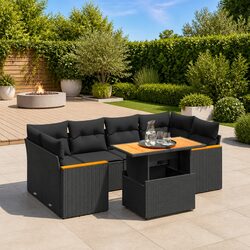 7-Piece Black Poly Rattan Garden Sofa Set with Cushions