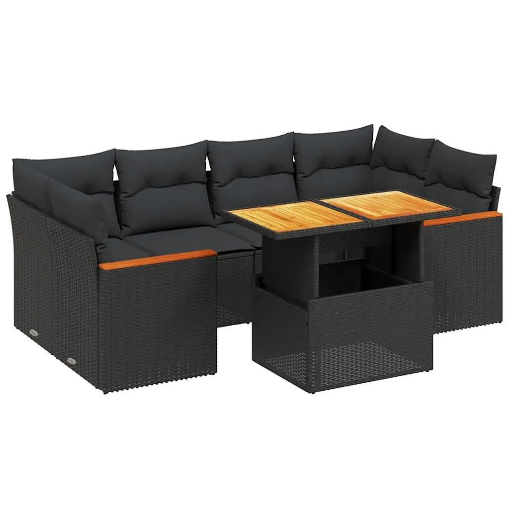 7-Piece Black Poly Rattan Garden Sofa Set with Cushions
