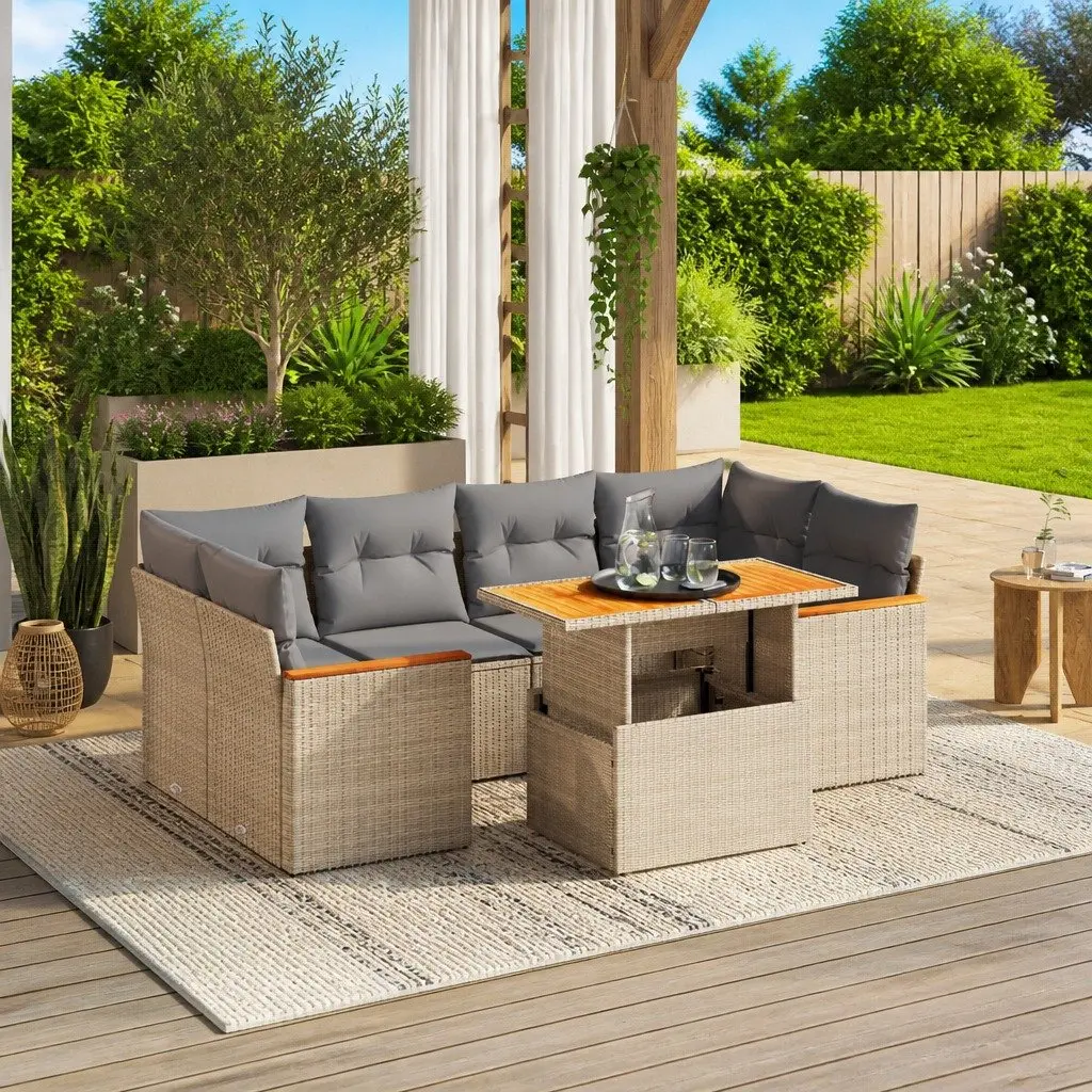 7 Piece Beige Poly Rattan Outdoor Sofa Set