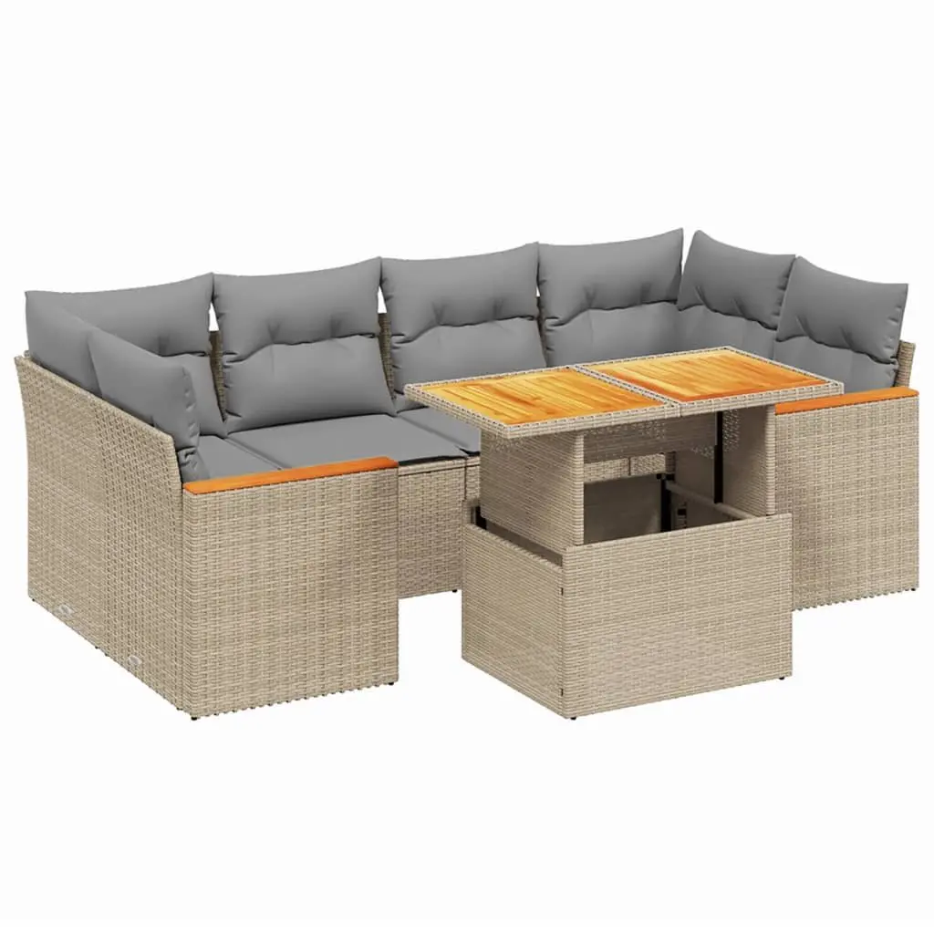 7 Piece Beige Poly Rattan Outdoor Sofa Set