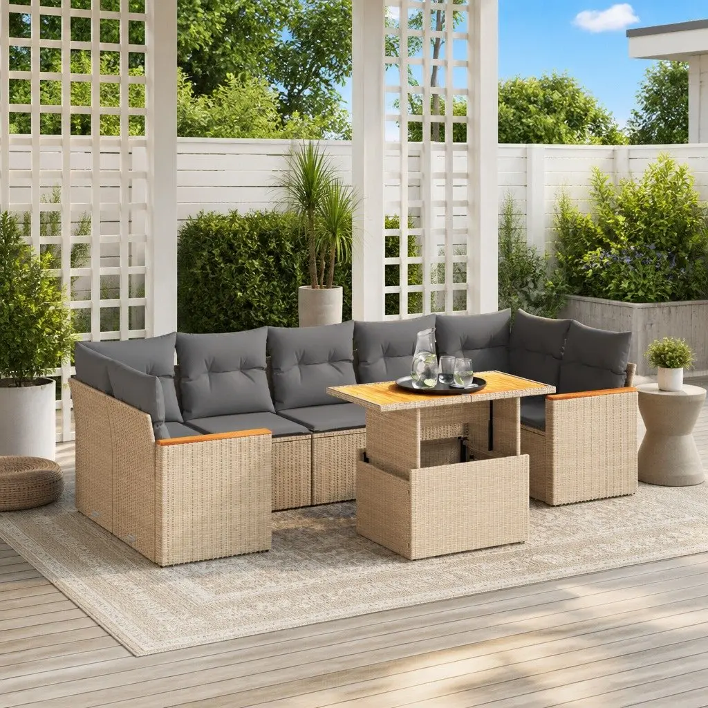 Beige 8 Piece Rattan Garden Sofa Set with Cushions