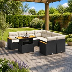 Durable 9-Piece Black Poly Rattan Garden Sofa Set