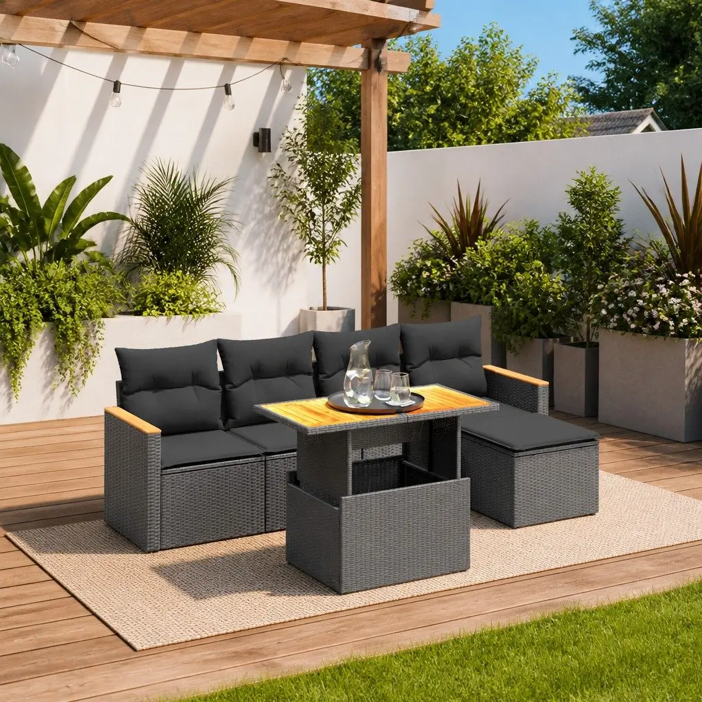 6 Piece Garden Sofa Set PE Rattan Modular Outdoor Furniture with Cushions Black