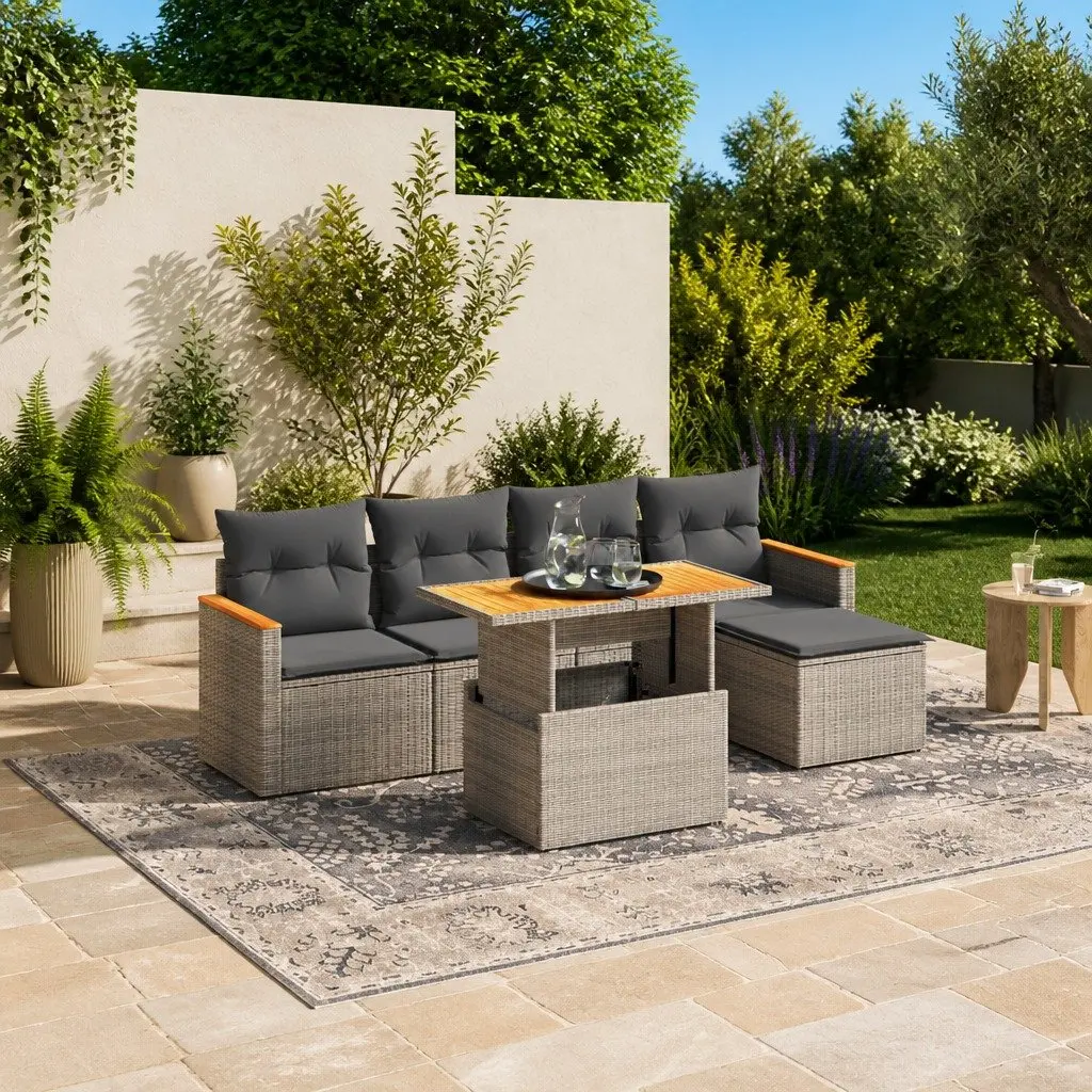Grey Poly Rattan 6-Piece Garden Sofa Set