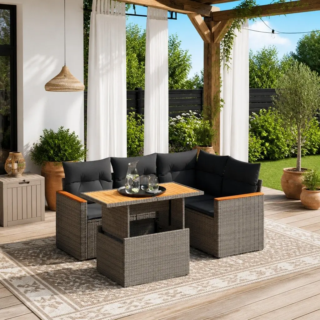 5 Piece Grey Poly Rattan Garden Sofa Set with Adjustable Table