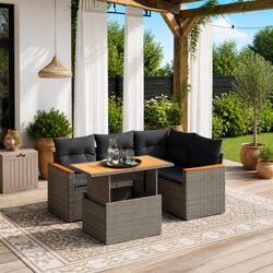 5 Piece Grey Poly Rattan Garden Sofa Set with Adjustable Table