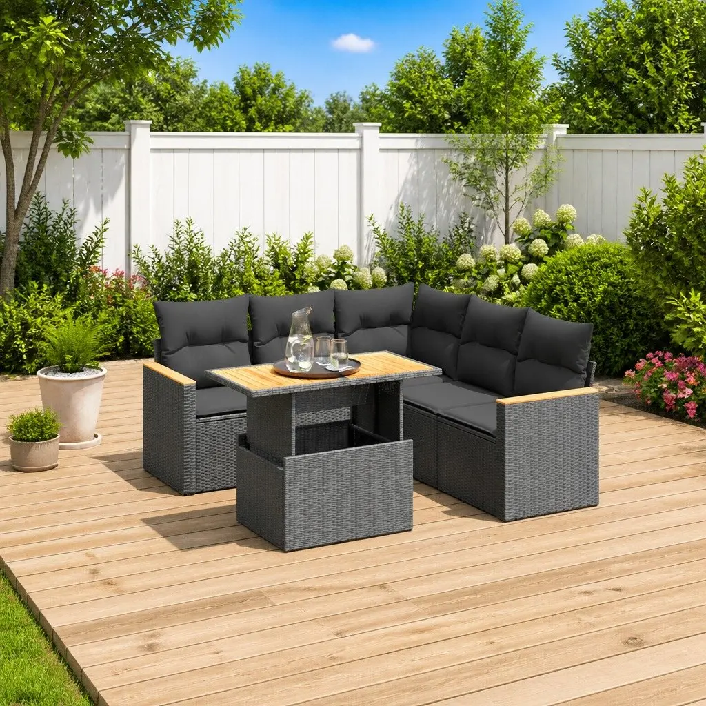 Garden Sofa Set PE Rattan 6 Piece Black with Cushions