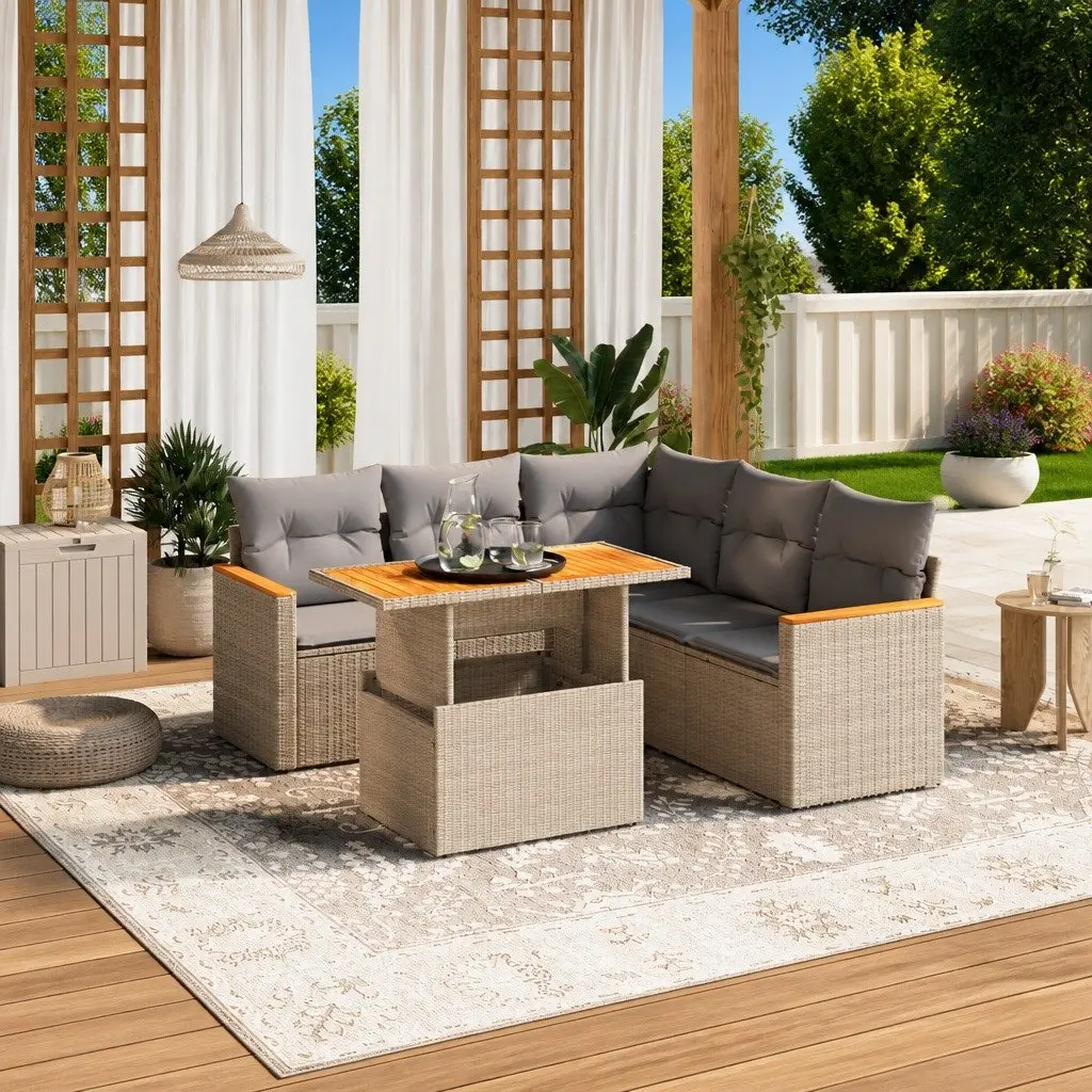 Garden Sofa Set PE Rattan 6 Piece Outdoor Furniture Beige with Cushions