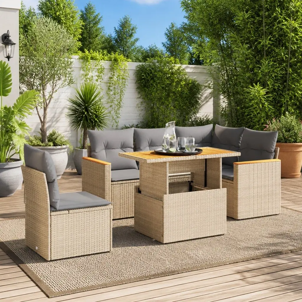 Beige 6-Piece Garden Sofa Set with Cushions and Table