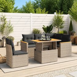 6-Piece Grey Poly Rattan Garden Sofa Set with Cushions