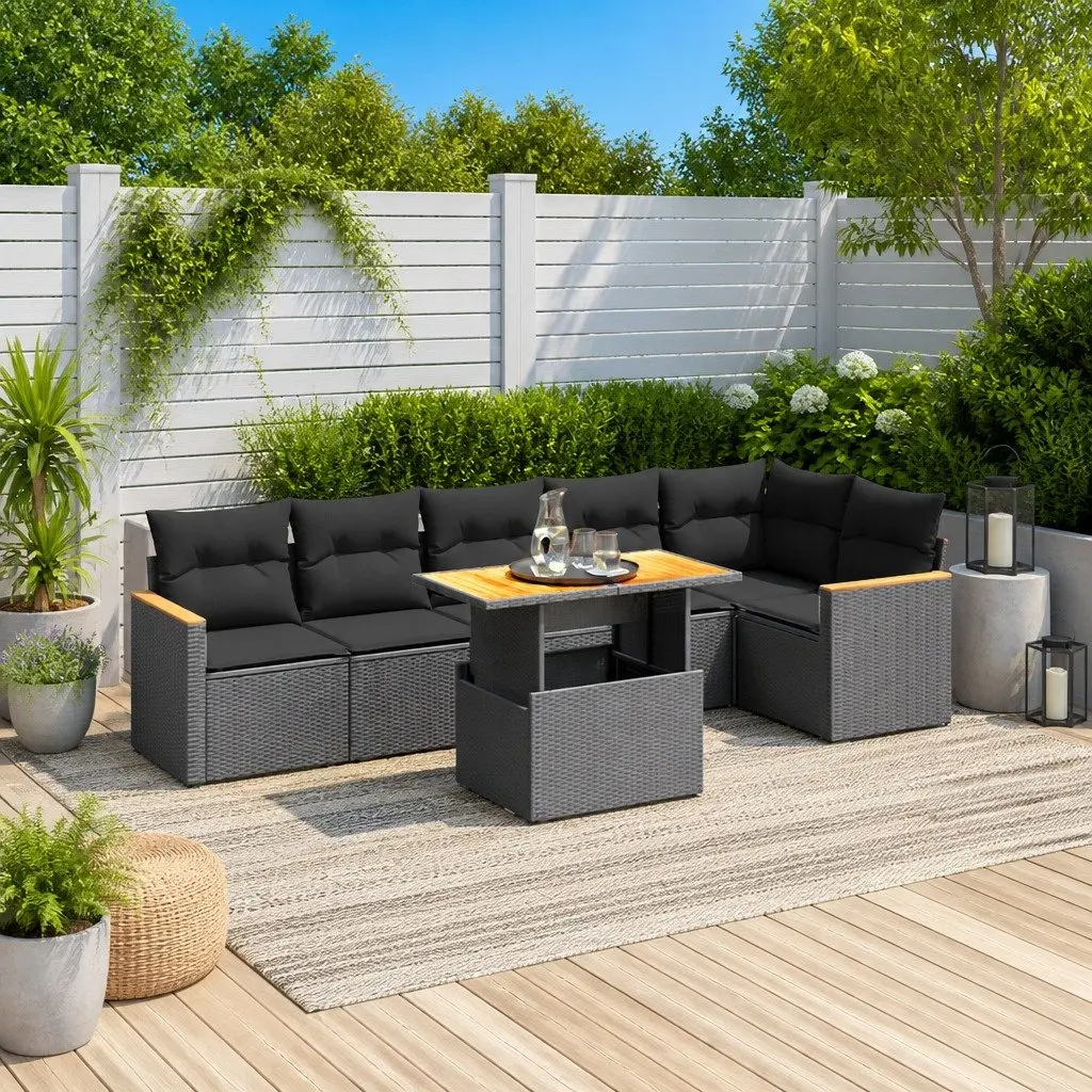 Modular 7-Piece Black Poly Rattan Garden Sofa Set