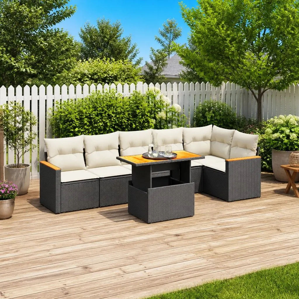 7 Piece Black Poly Rattan Outdoor Sofa Set