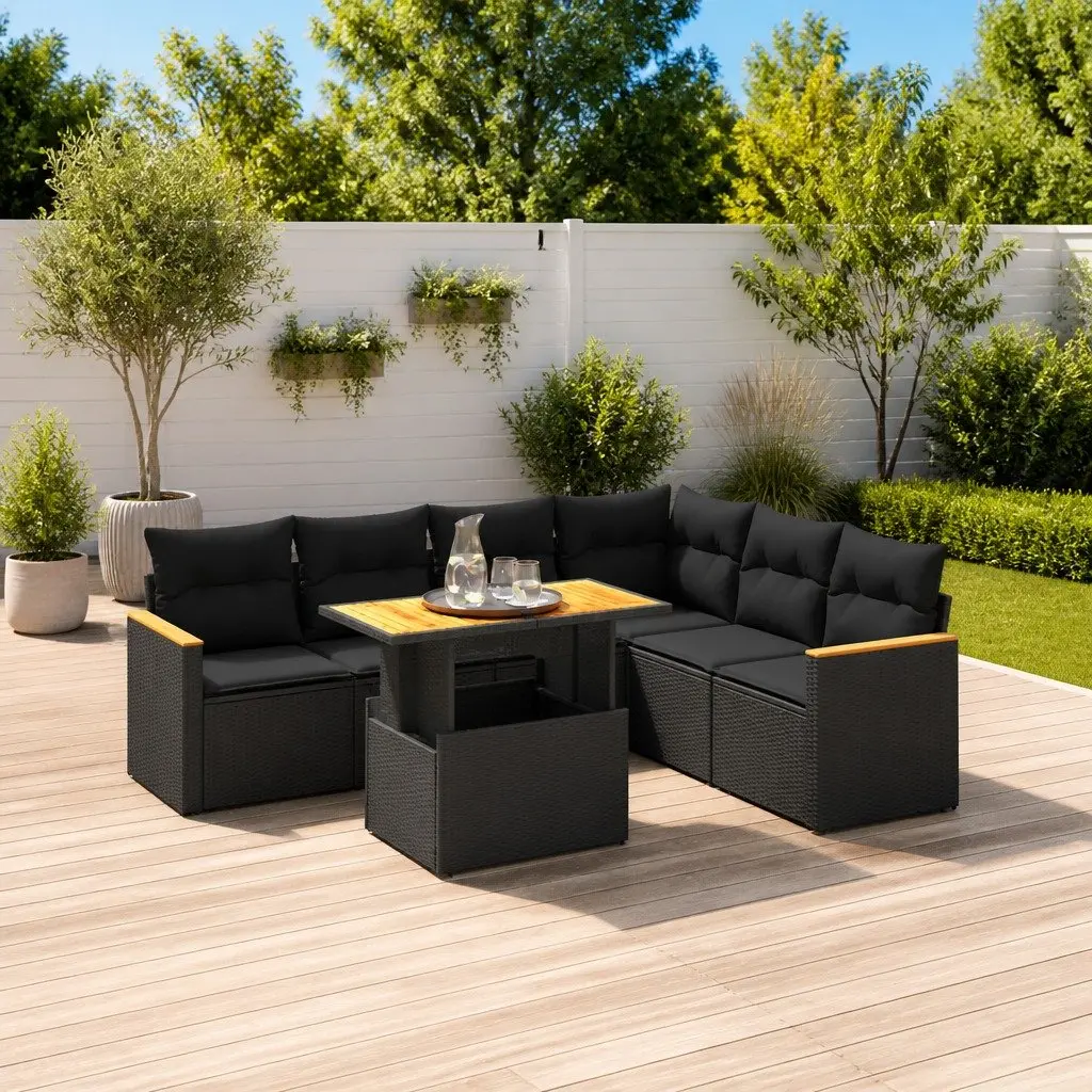 7 Piece Modular Outdoor Sofa Set in Black Rattan