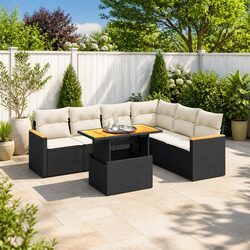 Durable 7 Piece Black Rattan Garden Sofa Set with Cushions