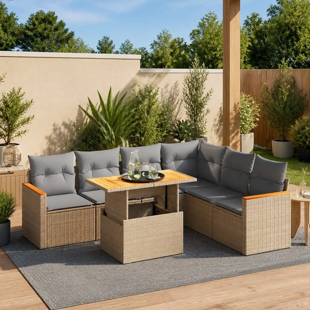 Beige 7 Piece Outdoor Garden Sofa Set with Cushions