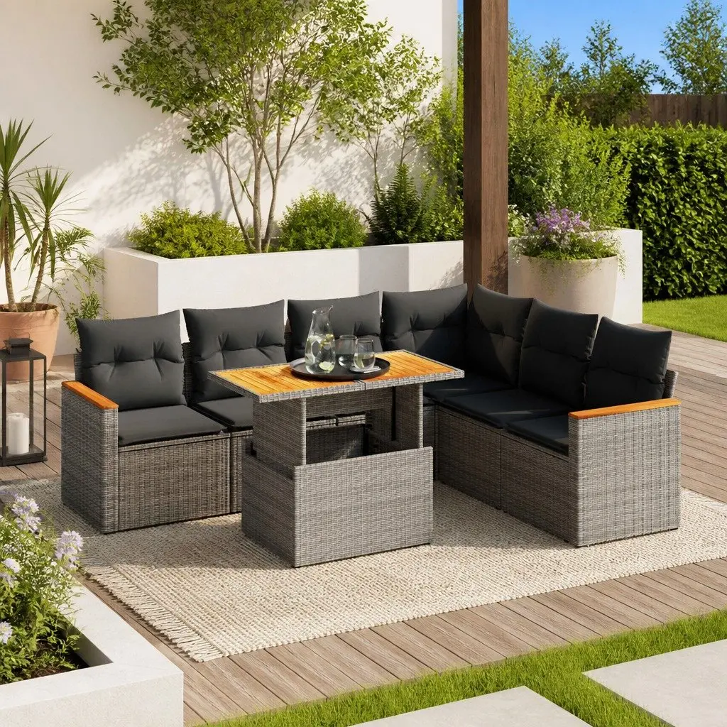 7 Piece Garden Sofa Set PE Rattan Adjustable Dining Table Grey Outdoor