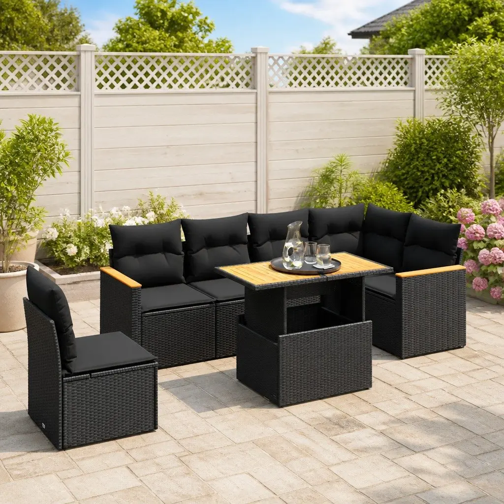 7 Piece Garden Sofa Set PE Rattan Black with Cushions