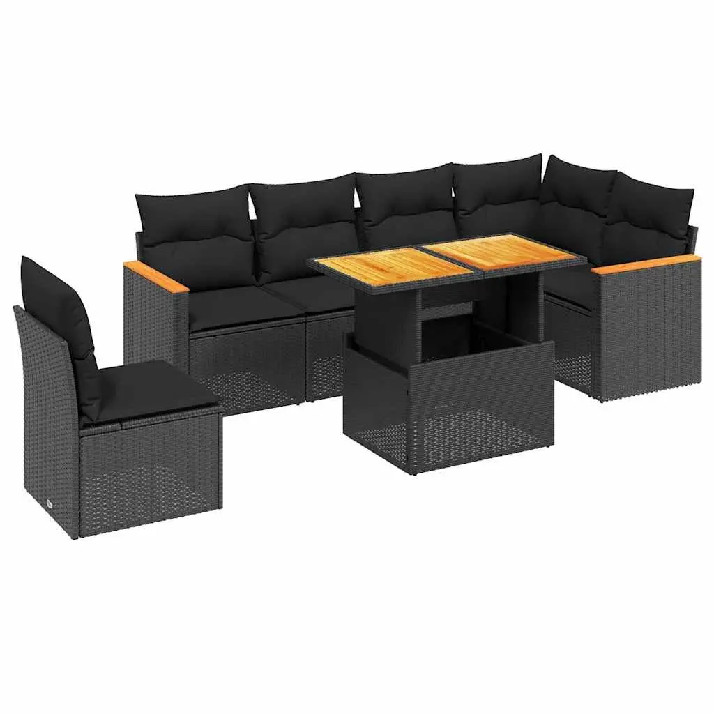 7 Piece Garden Sofa Set PE Rattan Black with Cushions