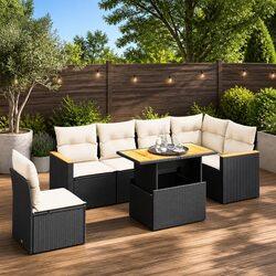 High-Quality 7 Piece Black Garden Sofa Set with Cushions