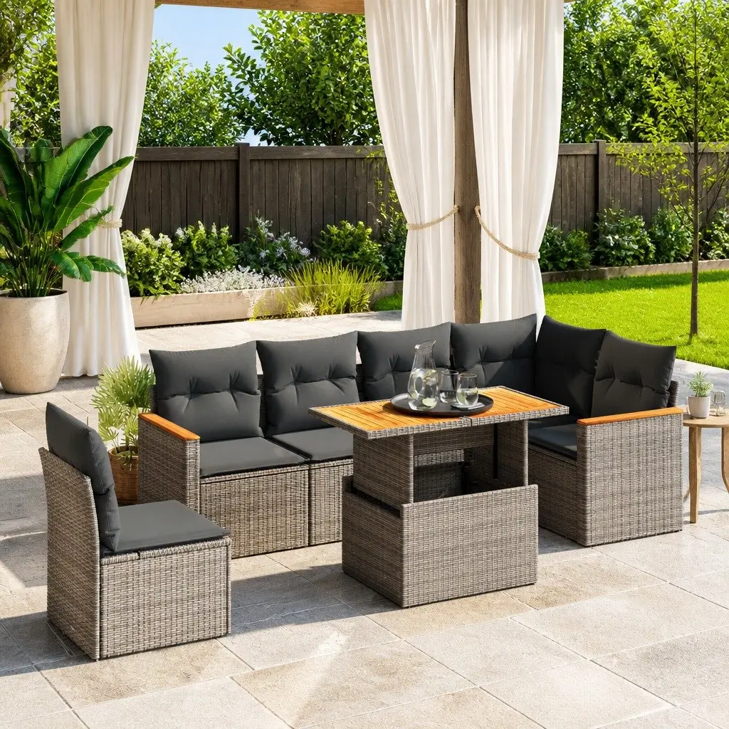 7 Piece Garden Sofa Set PE Rattan Grey with Cushions