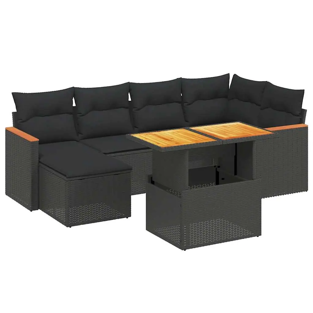7 Piece Garden Sofa Set PE Rattan Black Modular Outdoor Furniture with Cushions