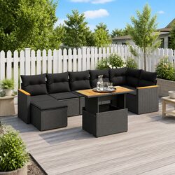 8-Piece Black Poly Rattan Garden Sofa Set for Outdoor Use