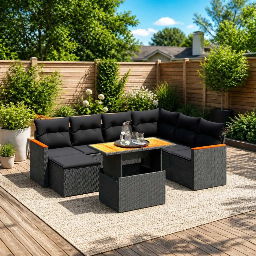 Garden Sofa Set PE Rattan 8 Piece Outdoor Furniture Black with Cushions