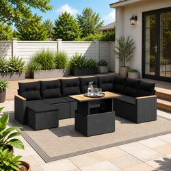 Sturdy 9 Piece Black Rattan Garden Sofa Set with Cushions
