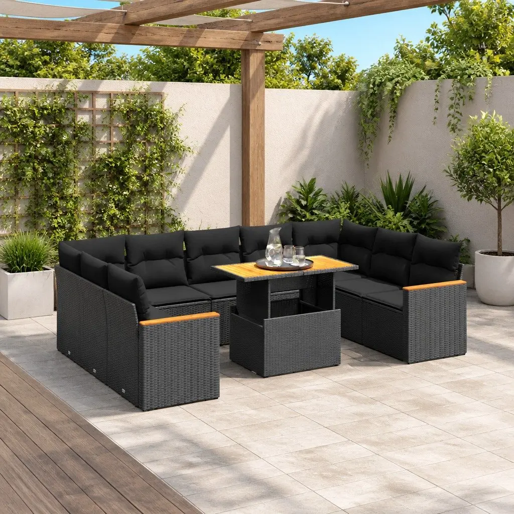 10 Piece Black Poly Rattan Garden Sofa Set