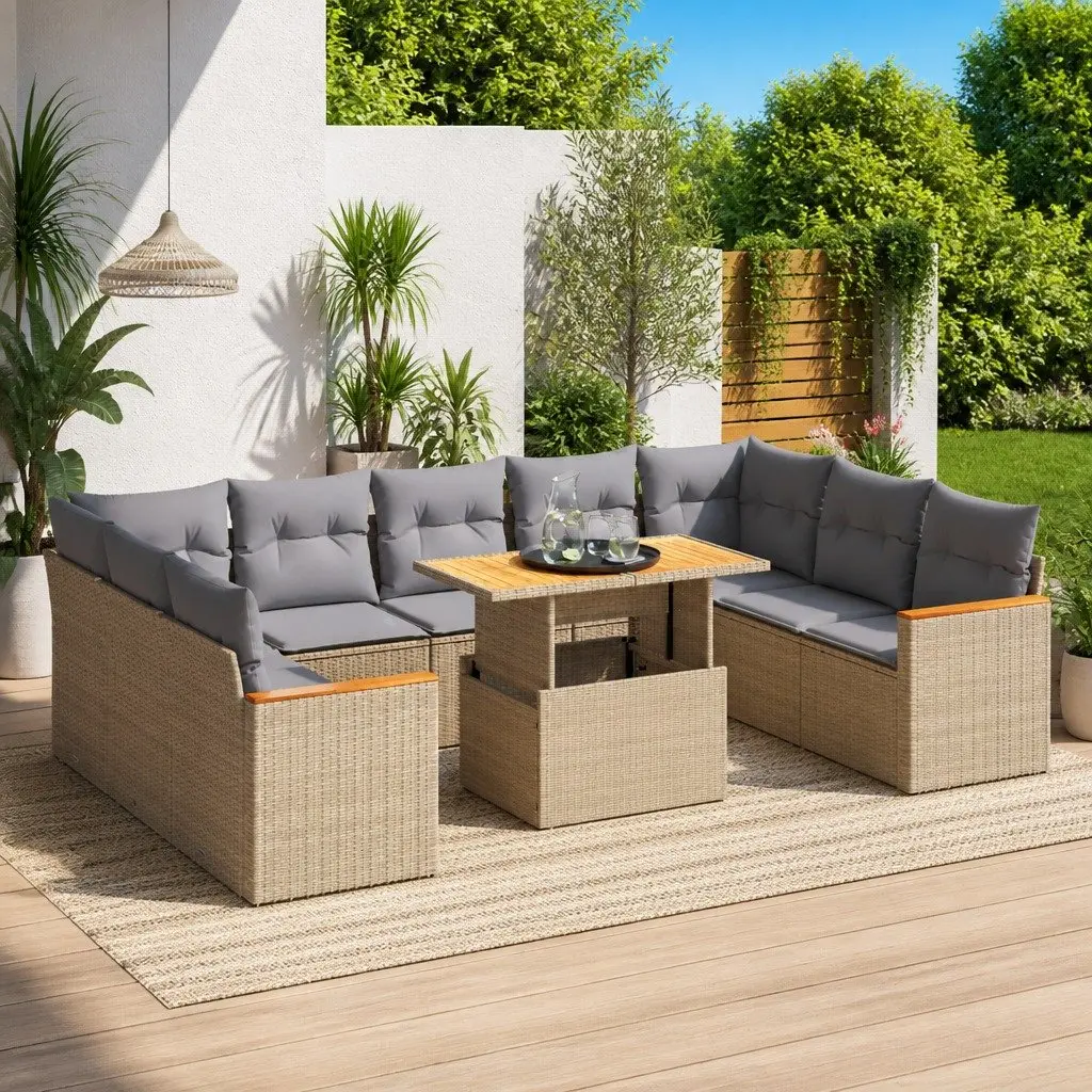 10-Piece Beige Poly Rattan Garden Sofa Set