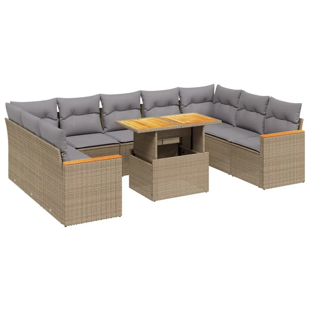 10-Piece Beige Poly Rattan Garden Sofa Set
