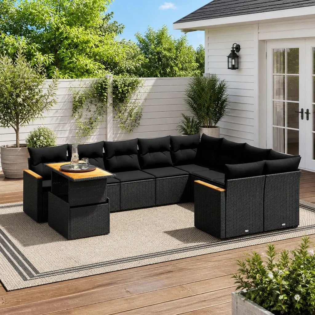 10 Piece Garden Sofa Set PE Rattan Black with Cushions