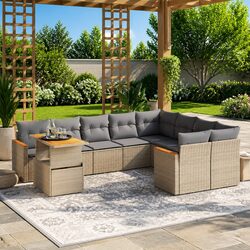Beige Poly Rattan Garden Sofa Set 10 Pieces for Outdoors