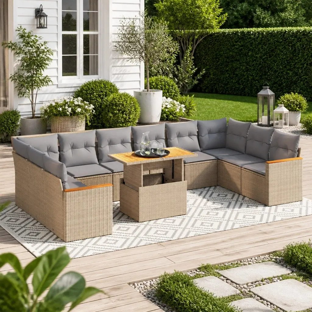 Garden Sofa Set PE Rattan 11 Piece Outdoor Furniture with Cushions Beige