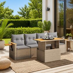 5 Piece Garden Sofa Set with Adjustable Dining Table Foldable Side Table Beige