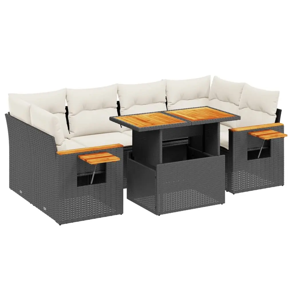 7 Piece Garden Sofa Set PE Rattan Black Modular Outdoor Furniture with Adjustable Table and Foldable Side Table
