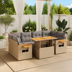 Beige Poly Rattan 7 Piece Outdoor Garden Sofa Set