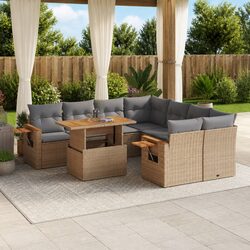 Beige Poly Rattan 9 Piece Garden Sofa Set with Adjustable Table