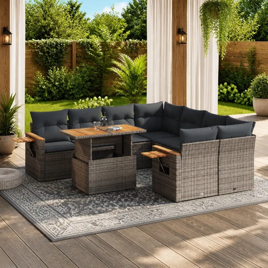 9-Piece Grey Poly Rattan Garden Sofa Set