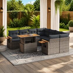 9-Piece Grey Poly Rattan Garden Sofa Set