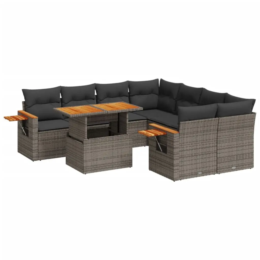 9-Piece Grey Poly Rattan Garden Sofa Set