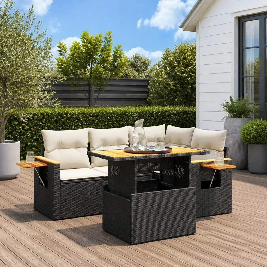 5 Piece Outdoor Garden Sofa Set PE Rattan Black Modular Furniture with Cushions