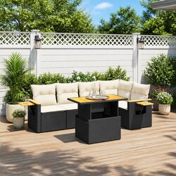 6-Piece Black Poly Rattan Garden Sofa Set with Cushions