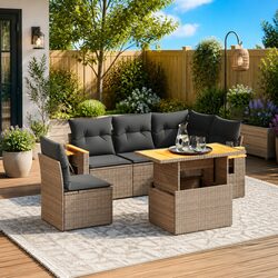 6-Piece Grey Poly Rattan Garden Sofa Set with Cushions