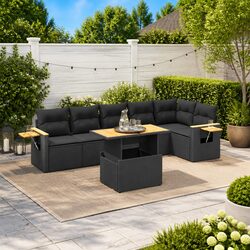7 Piece Black Poly Rattan Garden Sofa Set with Cushions