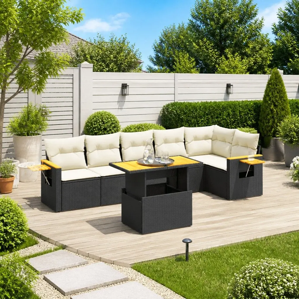 7 Piece Modular Garden Sofa Set with Black Cushions