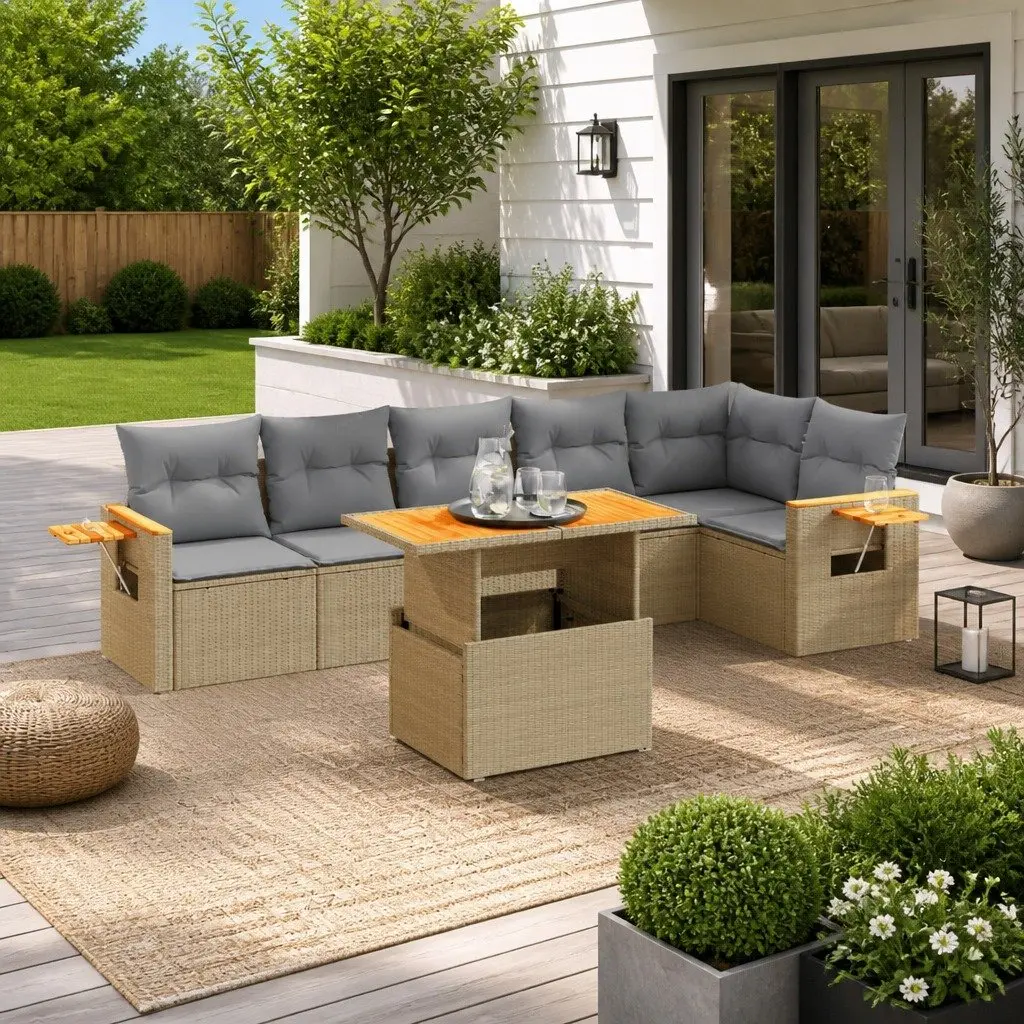 Garden Sofa Set PE Rattan 7 Piece Outdoor Furniture Beige Patio Lounge