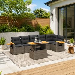 7 Piece Grey Rattan Outdoor Sofa Set with Cushions