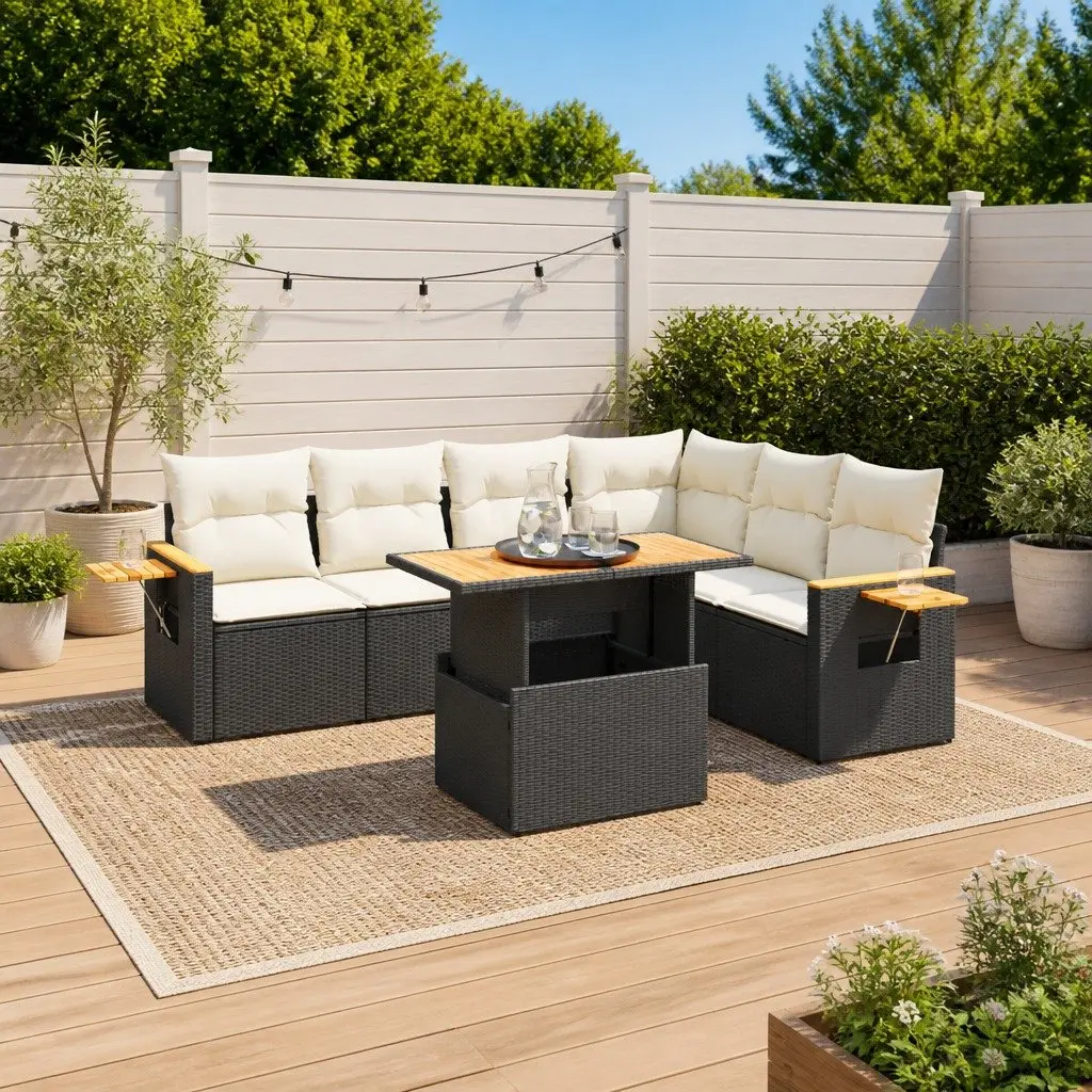 7 Piece Garden Sofa Set PE Rattan Black Outdoor Furniture
