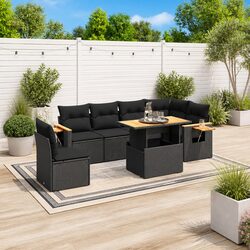 Black 7-Piece Outdoor Garden Sofa Set with Rattan